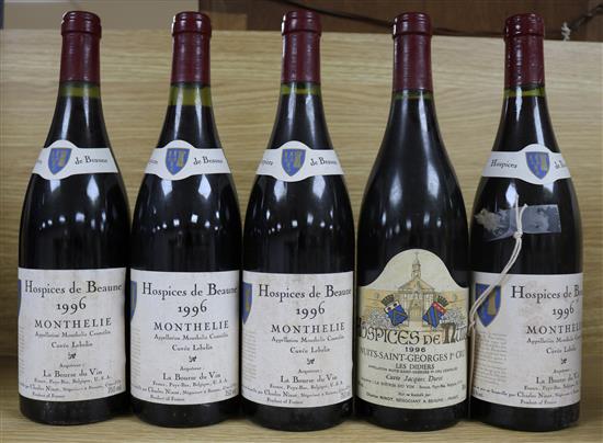 4 bottles of Mouthelie, 1996 and 1 bottle of Nuits Saint Georges leu Cru, 1996